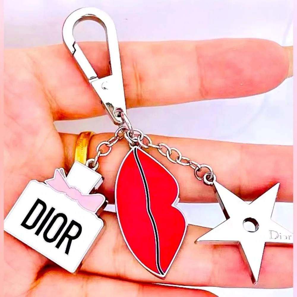 Dior Lipstick, Perfume & Star Charm Keychain – Silver-Tone Accessory